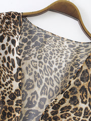 Leopard Print V Neck Cover Up Shirt Loose Fit Long Sleeve Rash Guard Kimono