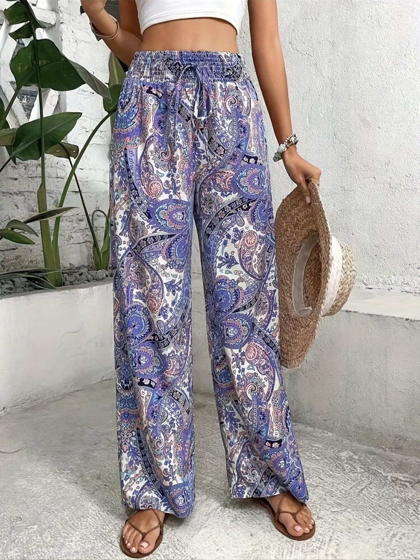 Paisley Print Wide Leg Pants Boho Loose Pants