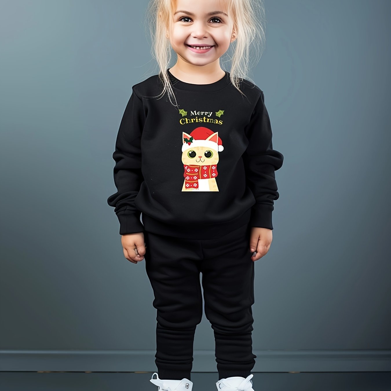 Girls 2pc Christmas Cat Crew Neck Sweatshirt Set