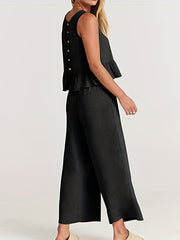 Solid Casual Two piece Set Crew Neck Buttons Tank Top & Wide Leg Pants