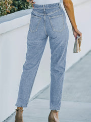 Loose Fit Straight Jeans with Ripped Holes
