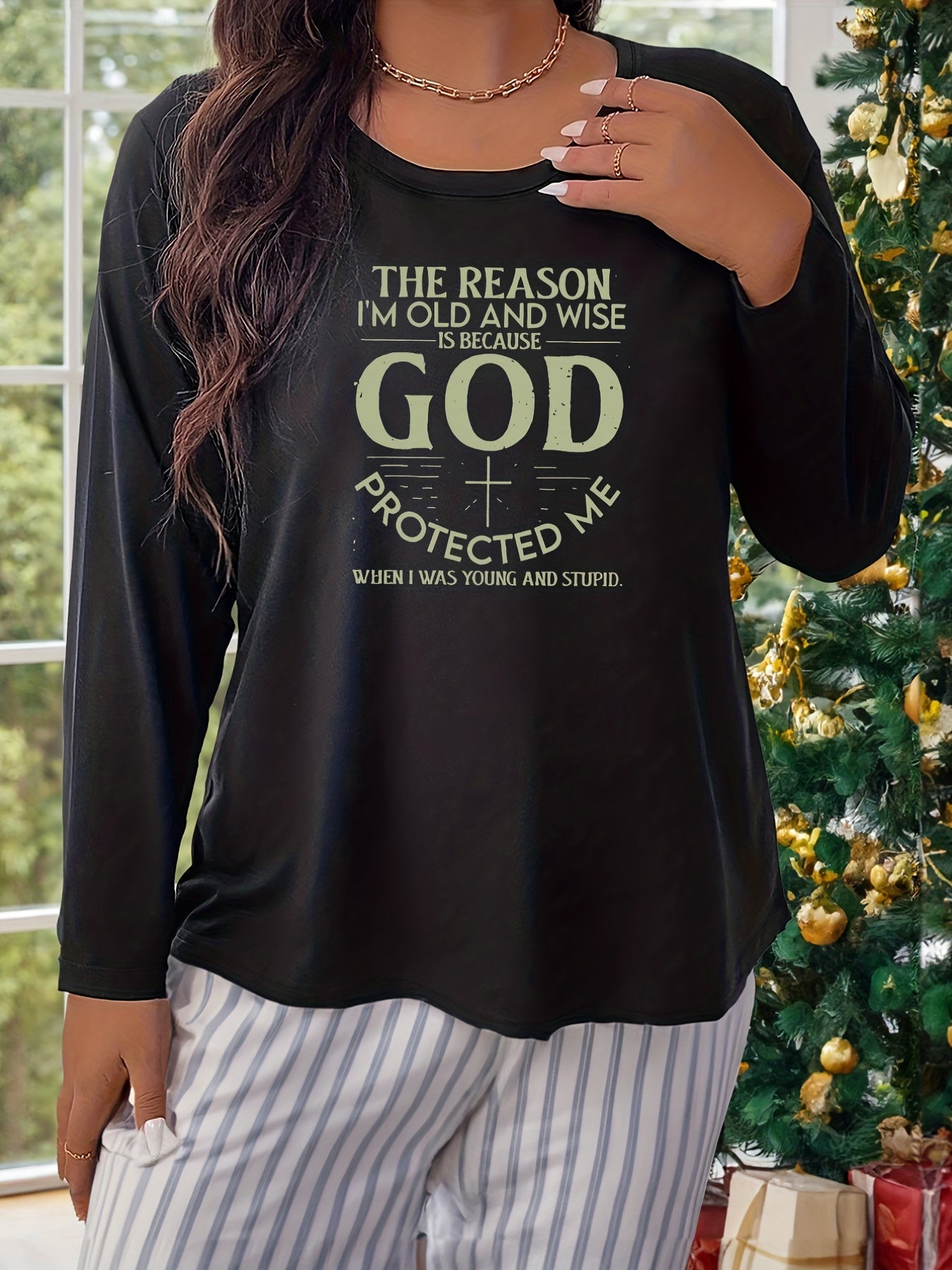 Cross & Letter Print Long Sleeve Crew Neck Pajama Top