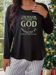Cross & Letter Print Long Sleeve Crew Neck Pajama Top