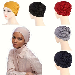 Ruched Elastic Turban Cap Solid Head Wraps Soft Elastic Hijab Hats Women