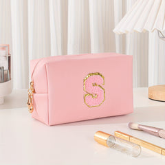 Chenille Letter Patch Makeup Bag - Initial Preppy Cosmetic Bag