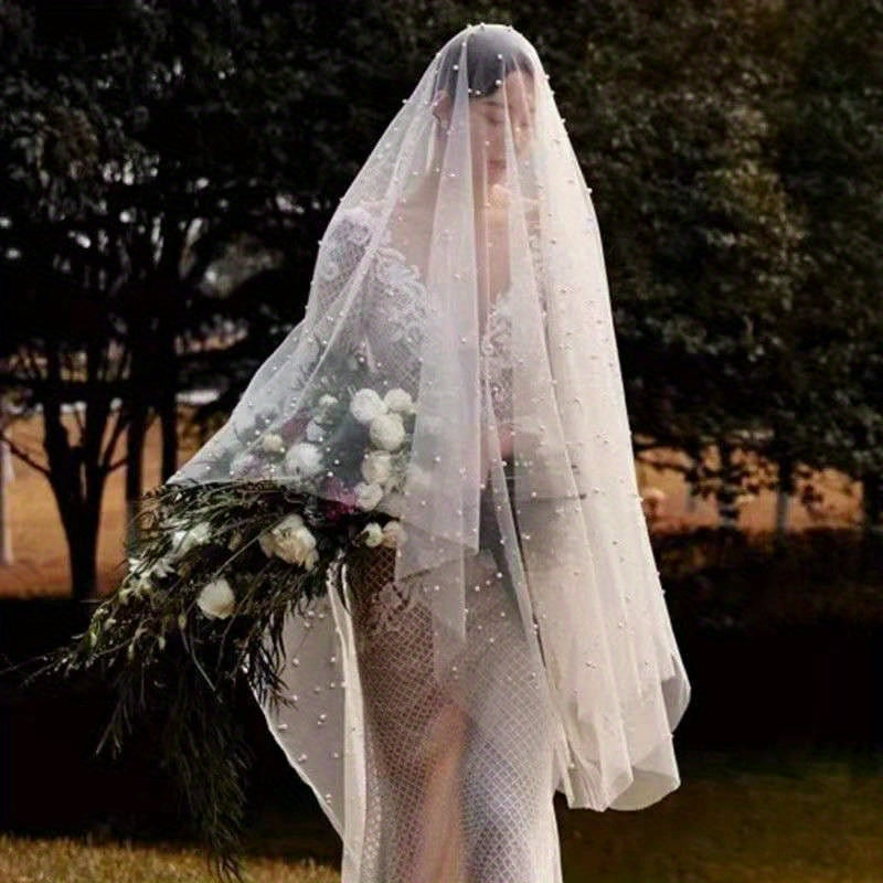 Tulle Bridal Veil with Beads Long Train for Weddings & Events