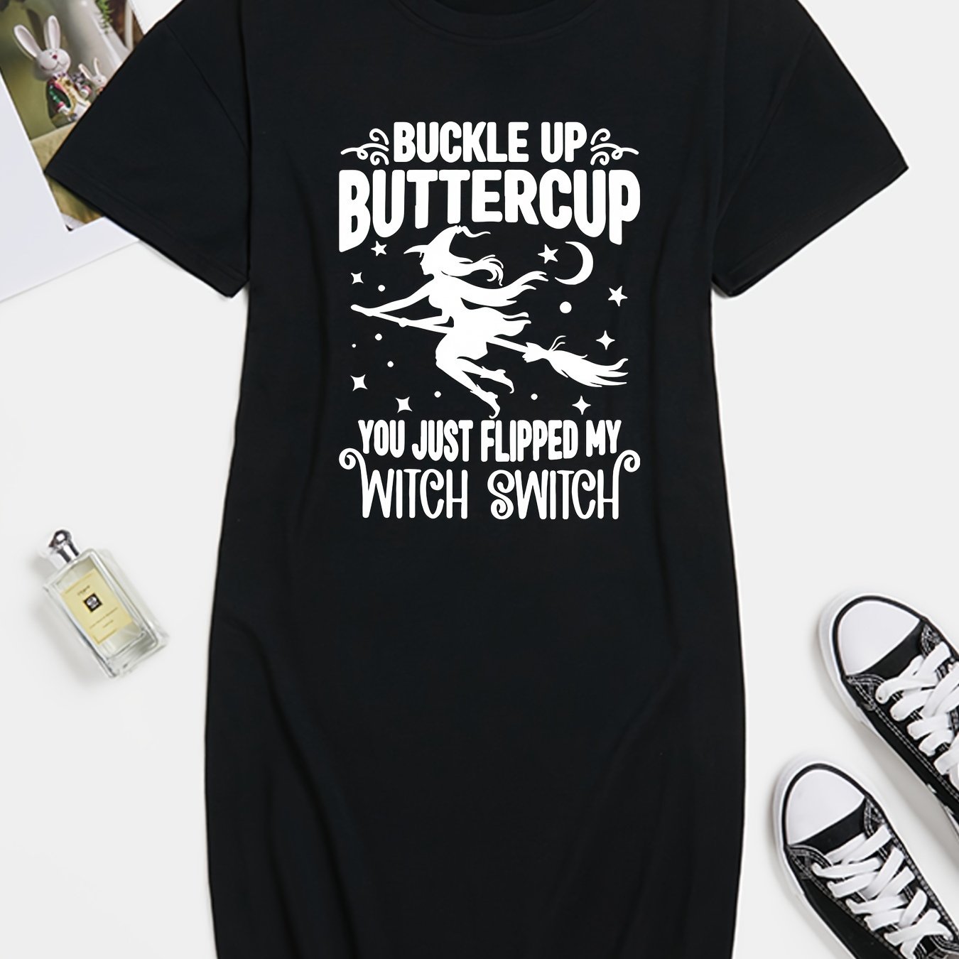 Halloween Casual Dress Women's Plus Slogan & Witch Print Tee Dress