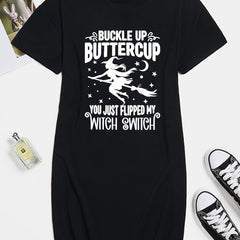 Halloween Casual Dress Women's Plus Slogan & Witch Print Tee Dress