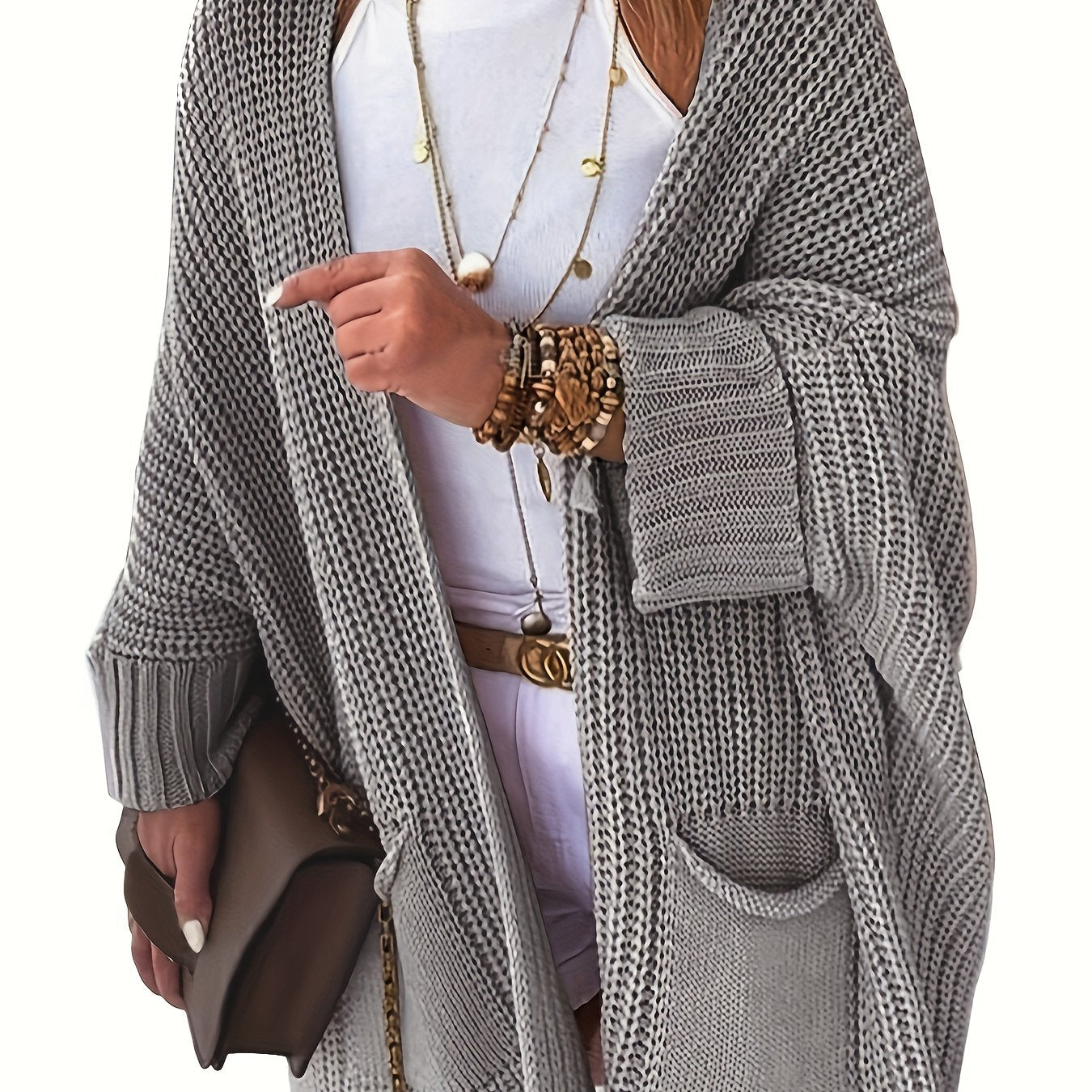 Solid Bat Sleeve Open Front Cardigan With Pockets