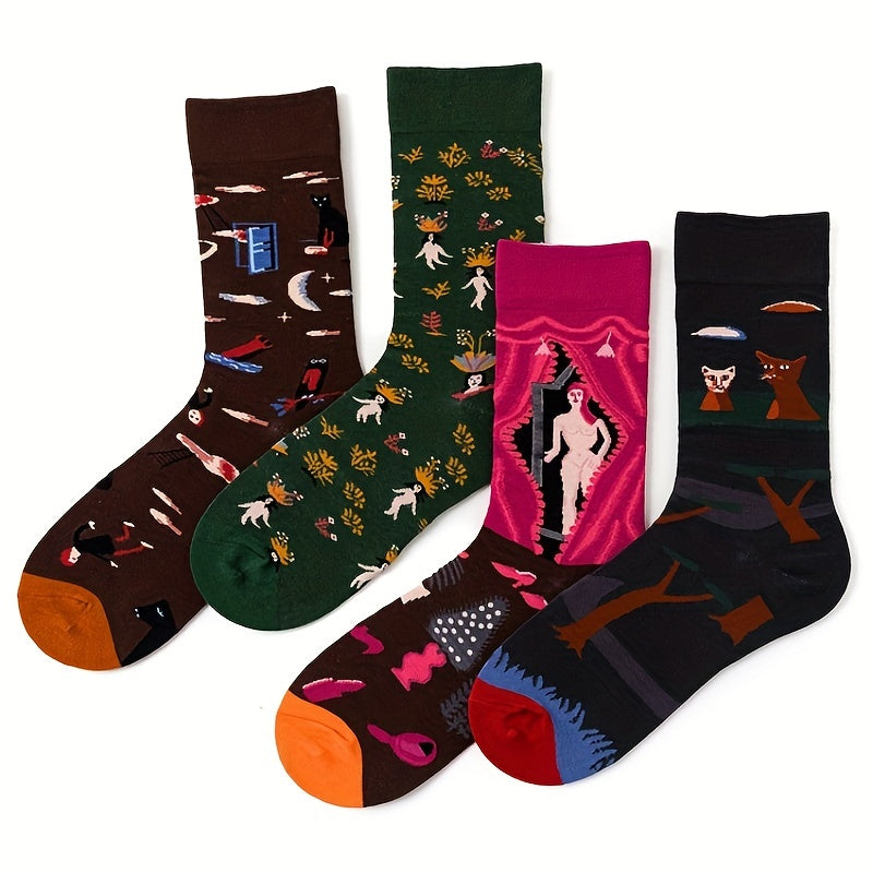 4 Pairs Cartoon Print Women's Mid Tube Stockings