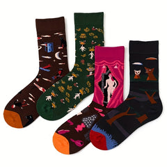 4 Pairs Cartoon Print Women's Mid Tube Stockings