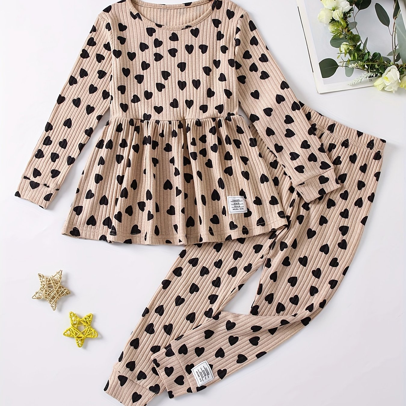 Girls' Love Heart Print 2pcs Long Sleeve Top & Pants Set