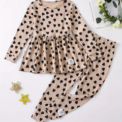 Girls' Love Heart Print 2pcs Long Sleeve Top & Pants Set