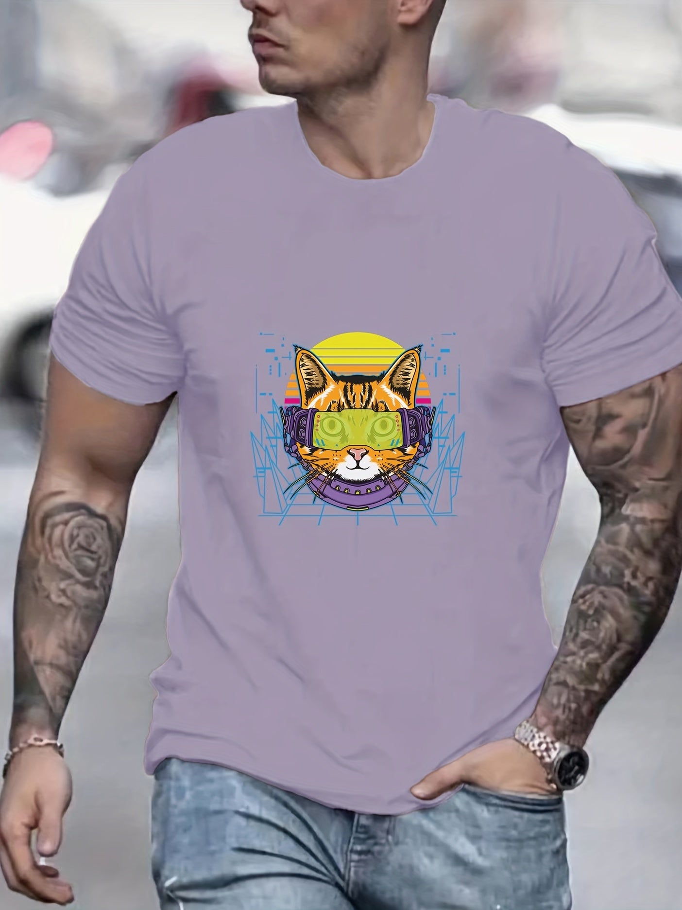 Cyberpunk Cat Print Men's Graphic T-shirt Casual Comfy Tees for Summer