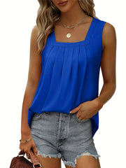 Casual Tank Top Women's Plus Solid Square Neck Pleated Tank