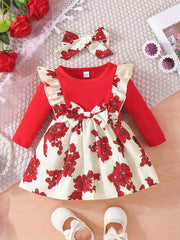 Christmas Baby Girl Plaid Ruffle Long Sleeve Dress With Bowknot & Headband