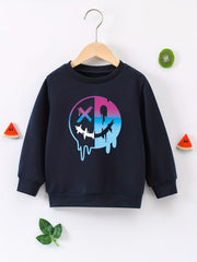 Colorful Smile Face Print Boys Casual Pullover Sweatshirt Crew Neck Tops