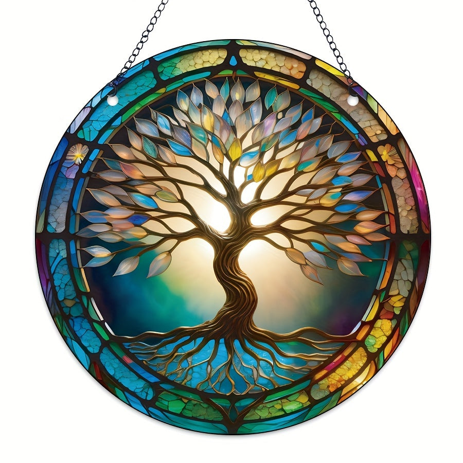 Colorful Tree Of Life Round Acrylic Stain Window Hanging Pendant