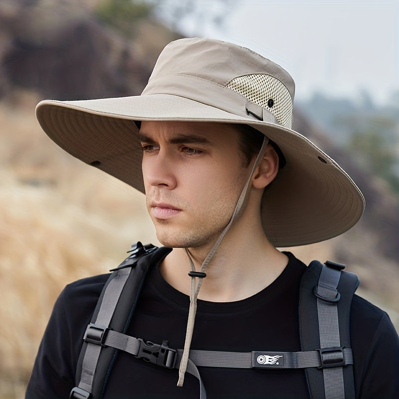 Breathable Mesh Sides Wide Brim Bucket Hat With Chin Strap