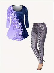 Casual Outfits Set Women's Plus Butterfly & Denim Tee & Leggings Set