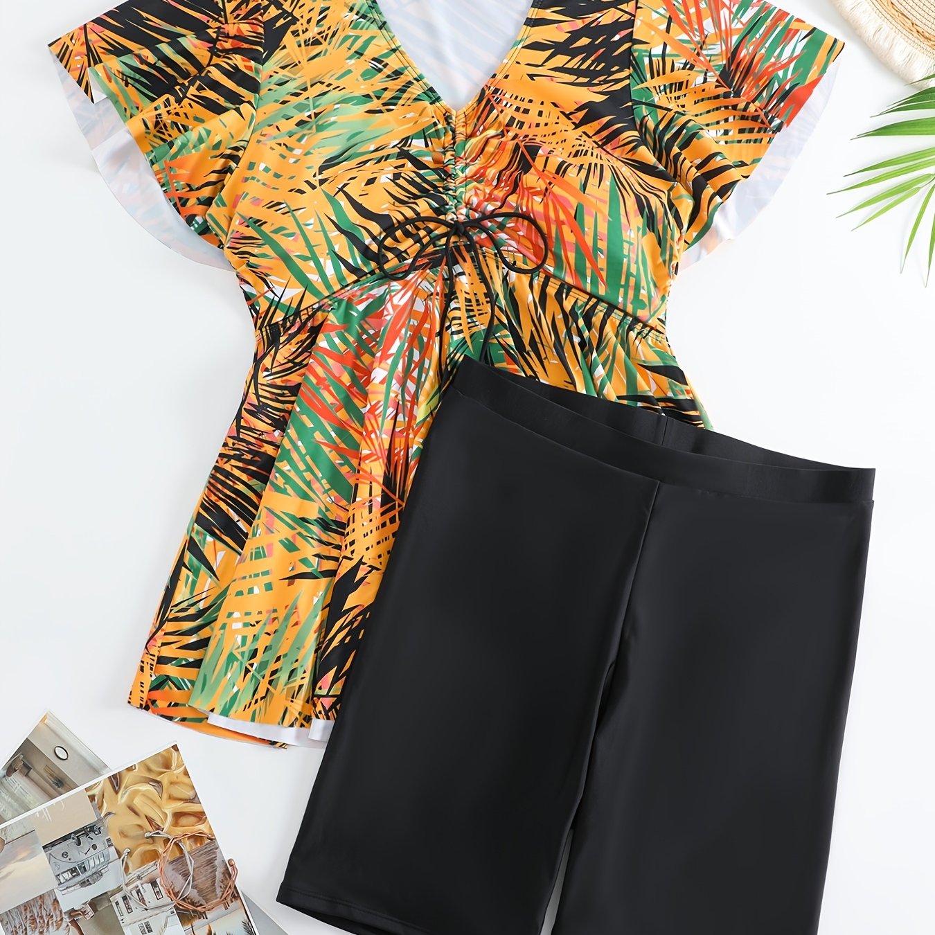 Vacay Tankini Set Women's Plus Tropical Print Short Sleeve V Neck Draw