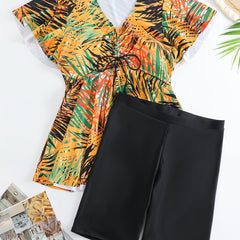 Vacay Tankini Set Women's Plus Tropical Print Short Sleeve V Neck Draw