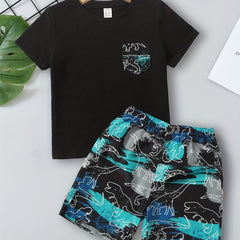 Boys Dinosaur Block Outfit Shorts & Round Neck T shirt Casual Kids Summer