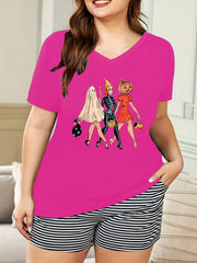 Plus Size Funny Ghost & Skull & Pumpkin Print Short Sleeve V Neck Pajama Top