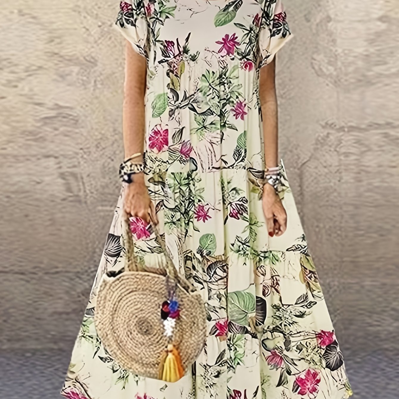 Women's Plus Floral Print Maxi Dress Short Sleeve Round Neck