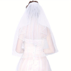 Short Tulle Wedding Veil Ribbon Edge Comb Bridal Bachelorette Party Accessories