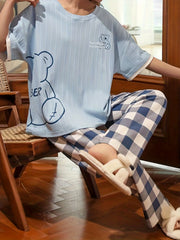Bear Print Pajama Set Short Sleeve Top & Plaid Pants Women's Loungewear