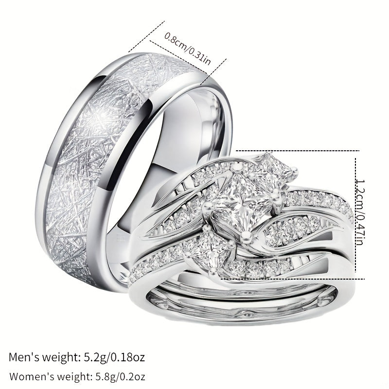 Classic Silver Stainless Steel Matching Ring With Sapphire Zircon Size 5-11