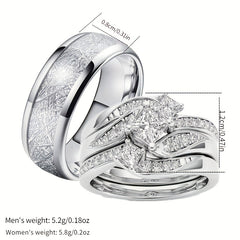 Classic Silver Stainless Steel Matching Ring With Sapphire Zircon Size 5-11