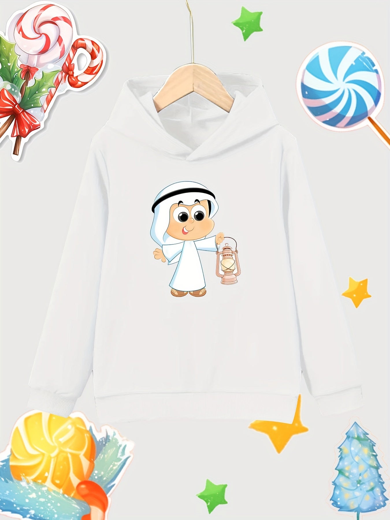 Cartoon Boy Pattern Girl's Cotton Hoodie Active Hooded Sweatshirt