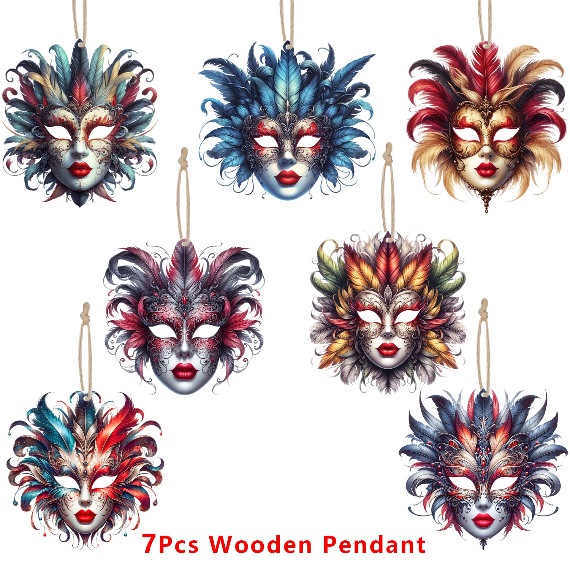 7pcs Ball Mask Wooden Charms Carnival Party Decorations Supplies