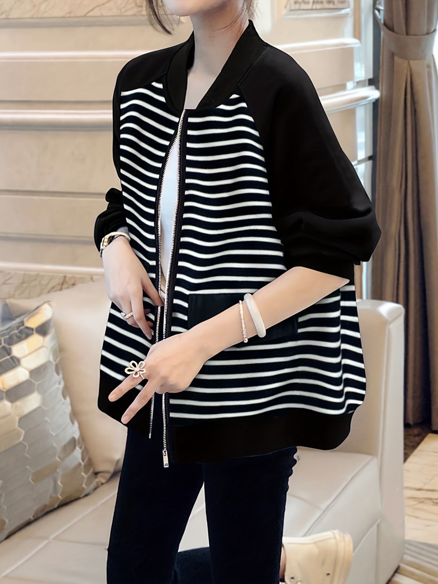 Striped Zip Up Jacket Casual Long Sleeve Jacket Women's Clothing