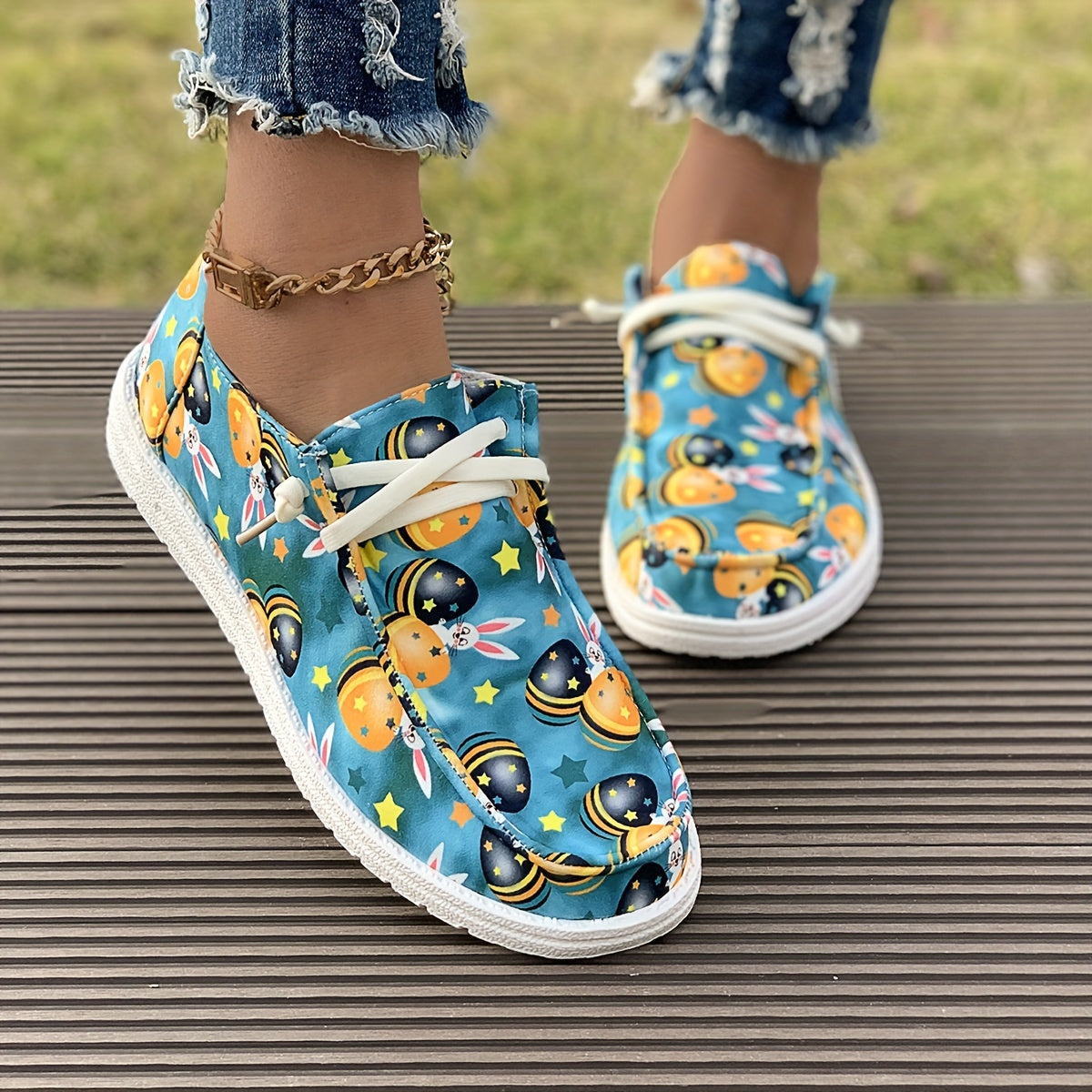 Easter Rabbit Print Boat Shoes Lightweight Flats Slip On Walking Shoes