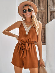 Guipure Lace Tie Waist Romper Sleeveless V neck Jumpsuit