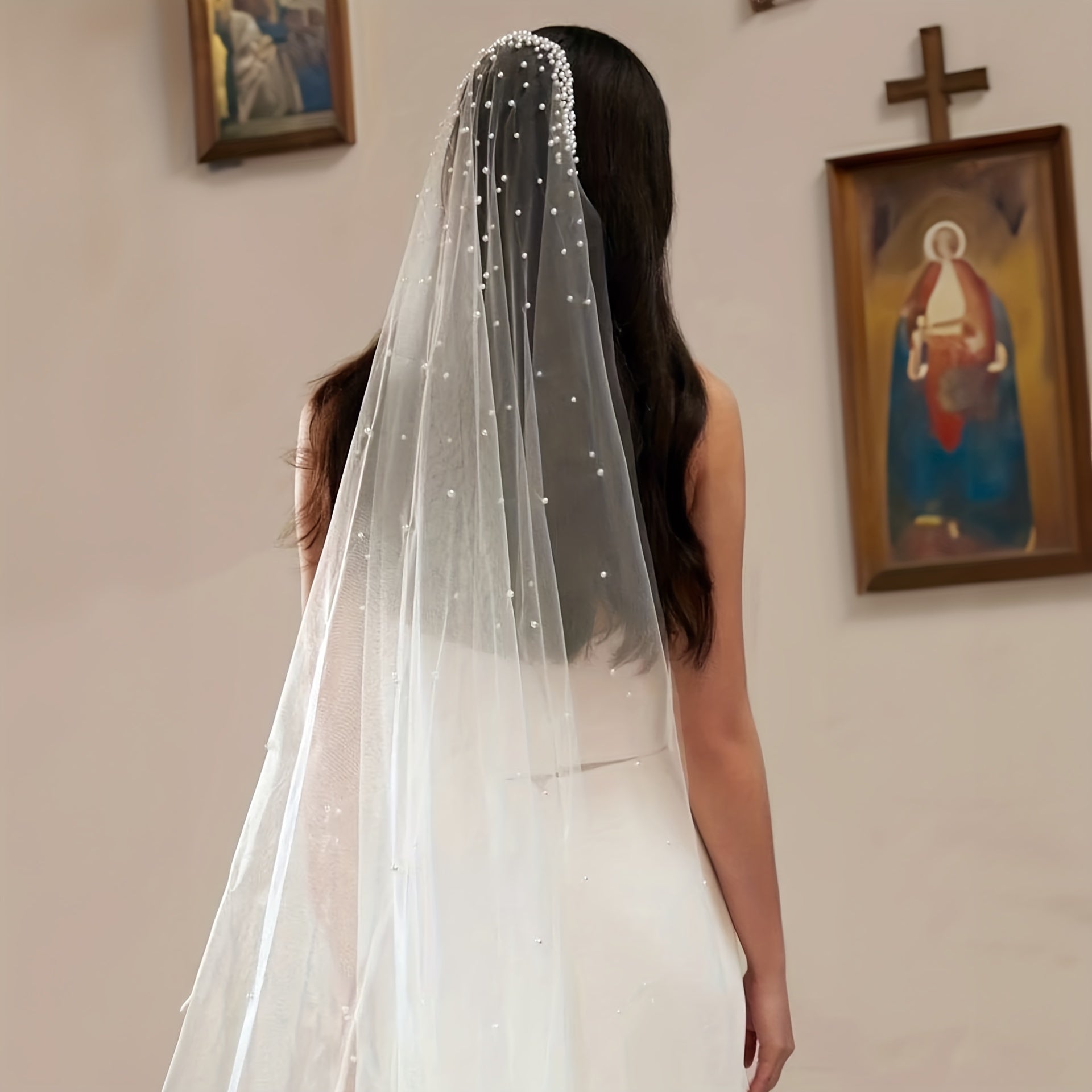 Bride Veil With Hair Comb Wedding Dress Artificial Pearl Trailing Veil