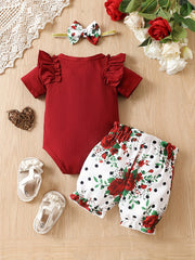 3pcs Baby Infant Girls Casual Onesie & Floral Shorts Set
