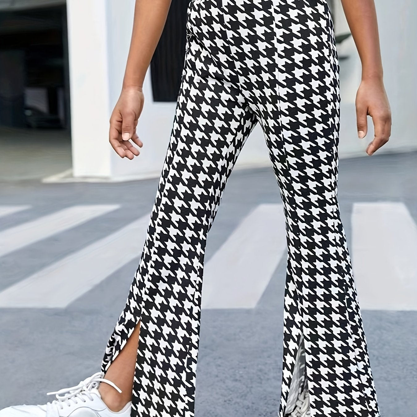Houndstooth High Waist Side Split Pants for Streetwear