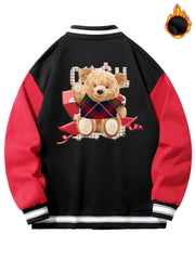 Men's Teddy Bear Print Jacket with Baseball Collar and Pocket