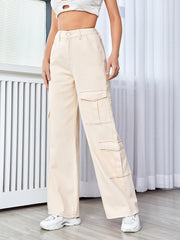 Apricot Cargo Flap Pocket Denim Cargo Pants Solid High Waist Casual Loose Jeans