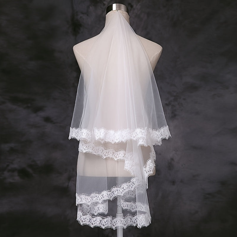Romantic Floral Bridal Veil with Lace Trim for Brides