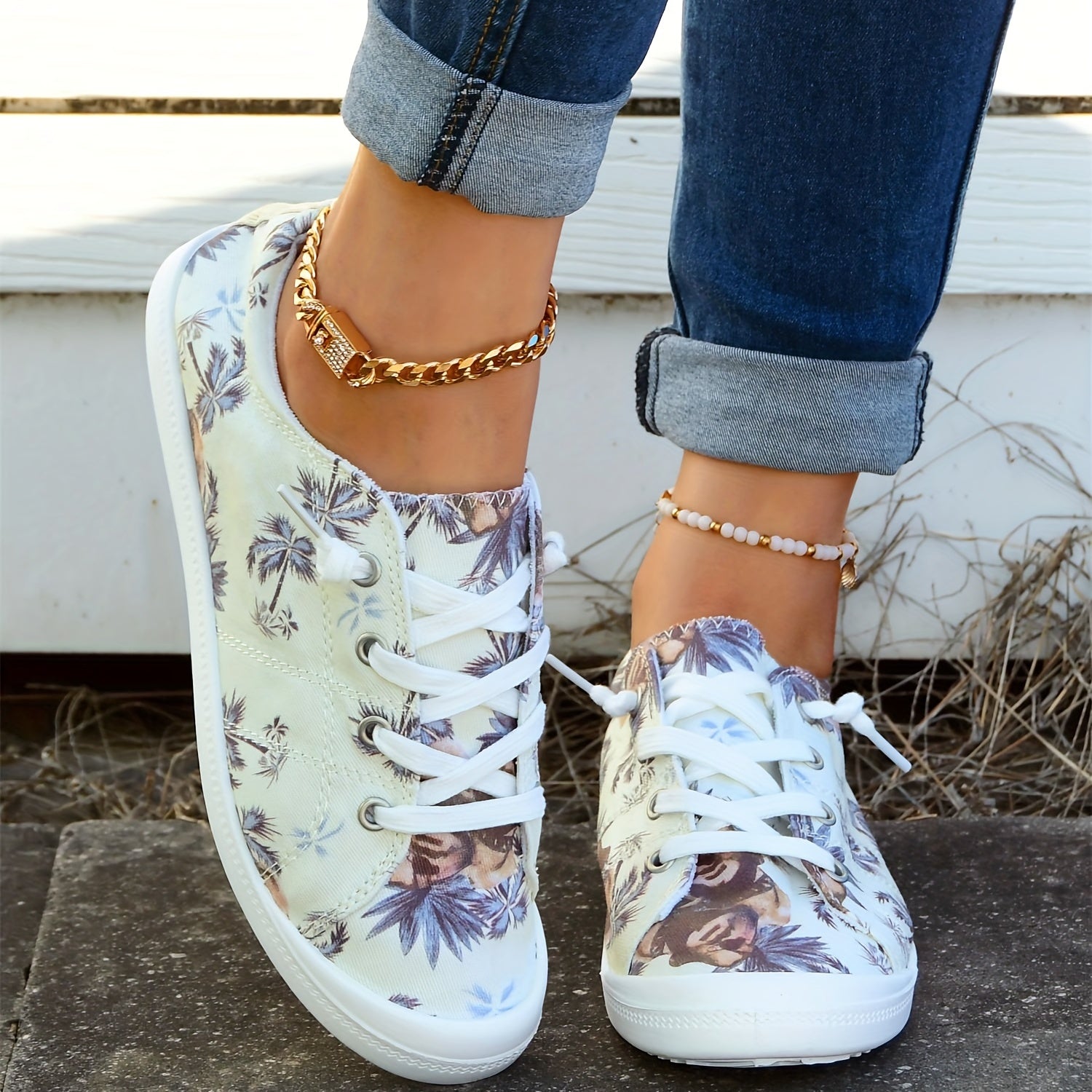 Women's Coconut Tree Pattern Canvas Shoes Lace Up Flat Walking Shoes
