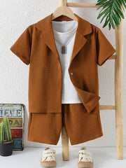 Boy's 2pcs Shirt & Shorts Set, Solid Top, Casual Outfits