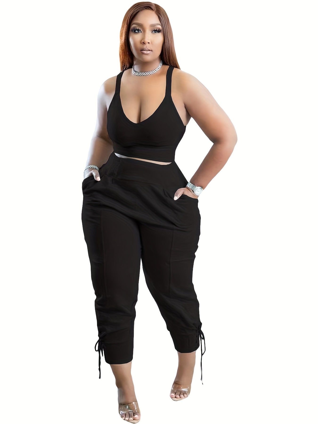 Solid Two-piece Set Cross Crop Tank Top & High Waist Pants