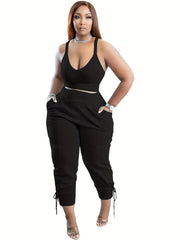 Solid Two-piece Set Cross Crop Tank Top & High Waist Pants