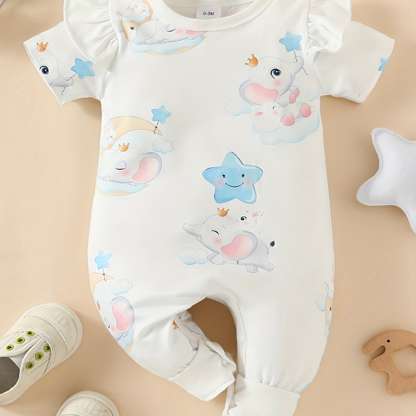 Baby Girls Elephant Print Short Sleeve Romper Jumpsuit
