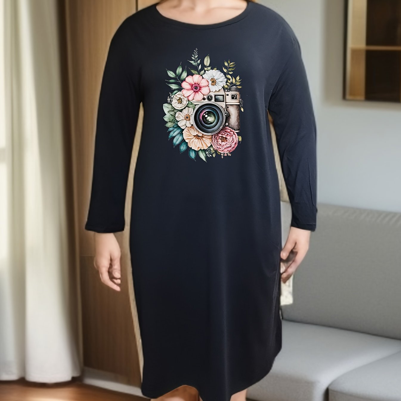 Floral Camera Graphic Long Sleeve Tee Dress